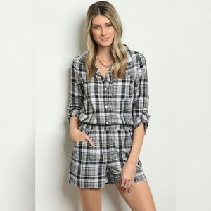 "Bernadette" Black And White Plaid Romper